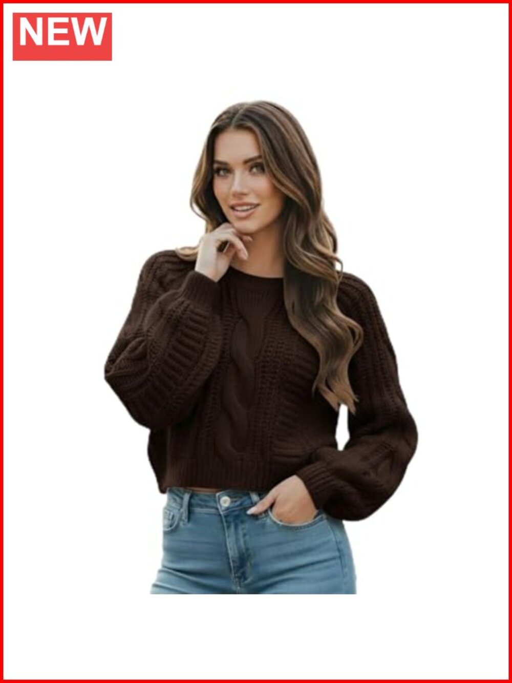Cropped Cable Knit Sweater Long Sleeve Pullover Casual Knit Top